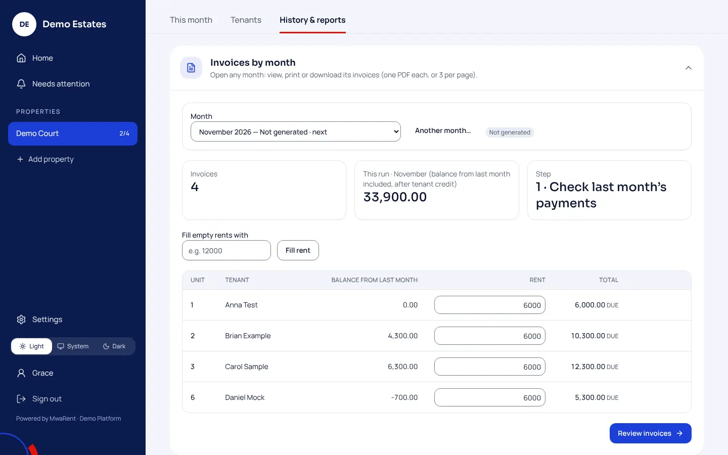 Sample workspace, invoices table: unit, tenant, balance from last month, rent and total for four tenants.