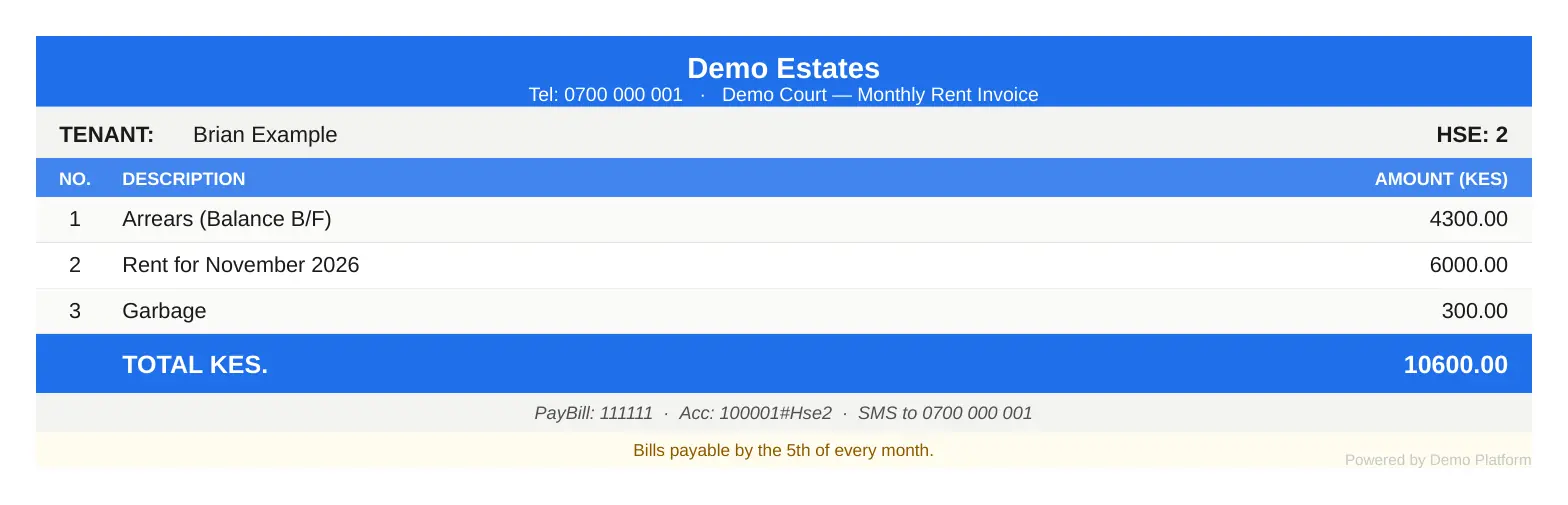 A sample invoice for one tenant: balance from last month, rent and garbage, total 10,600.