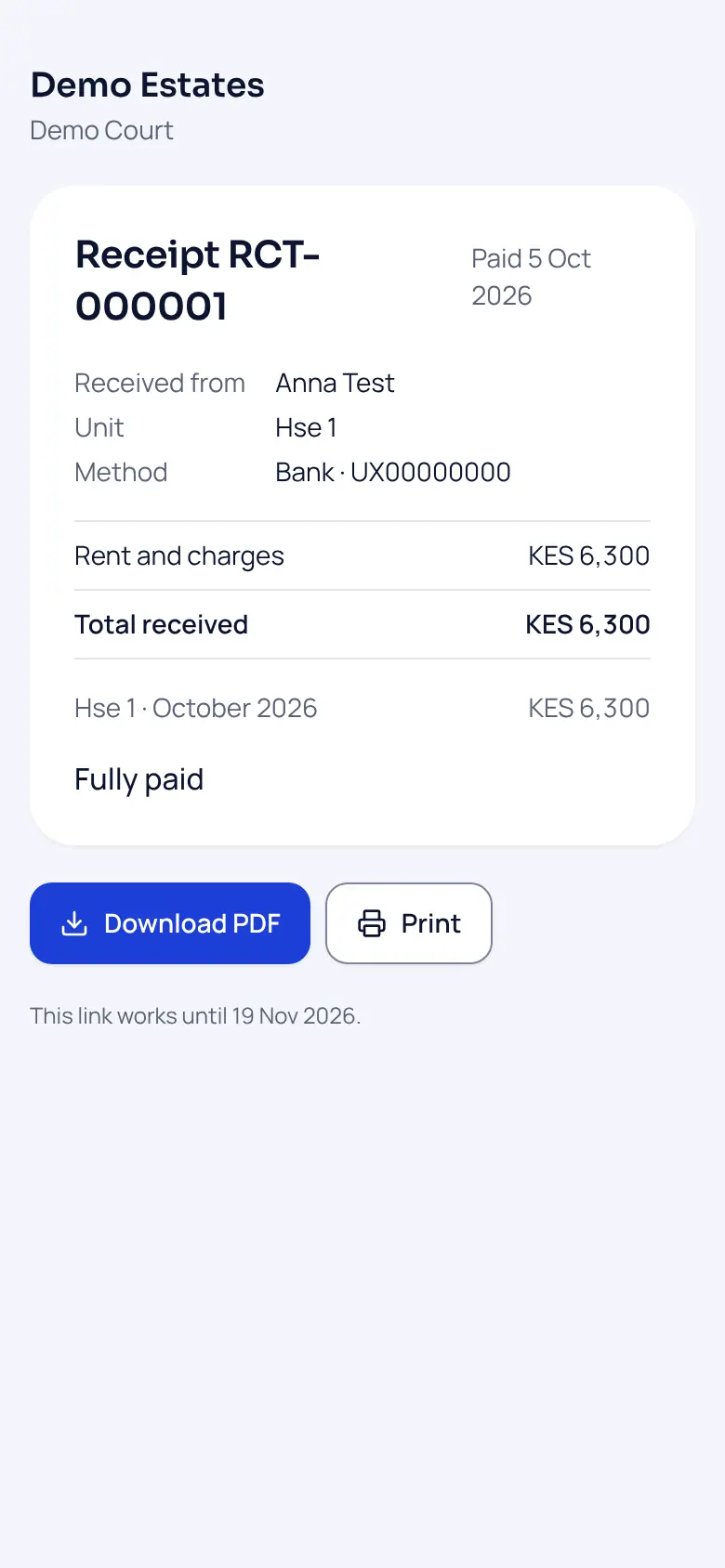 Sample receipt page on a phone: Receipt RCT-000001 for 6,300 shillings, marked Fully paid.