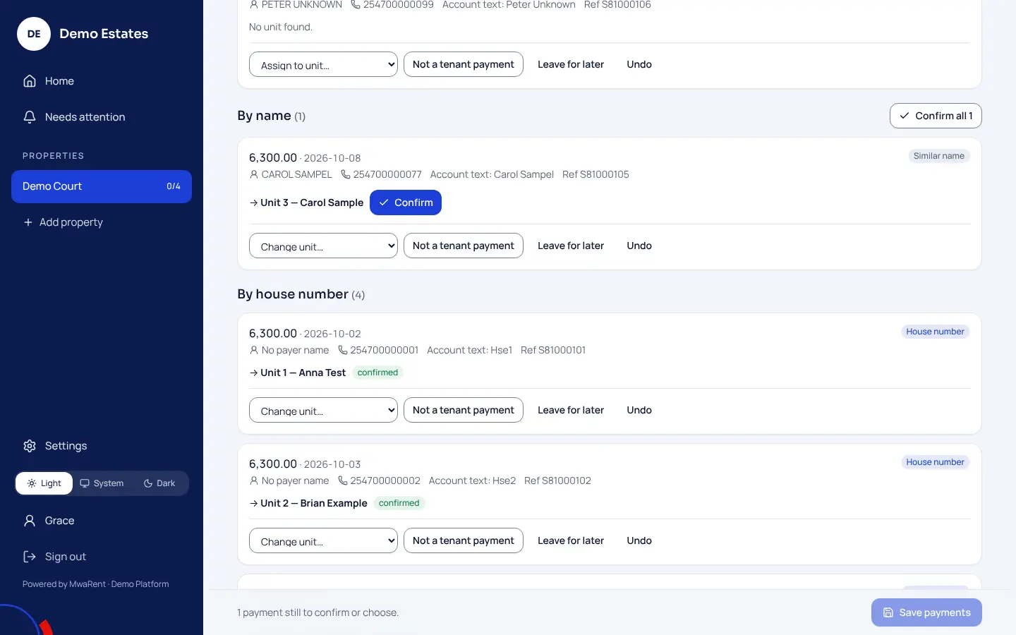 Sample workspace, review list: a payment matched by similar name waiting for Confirm, and payments matched by house number marked confirmed.