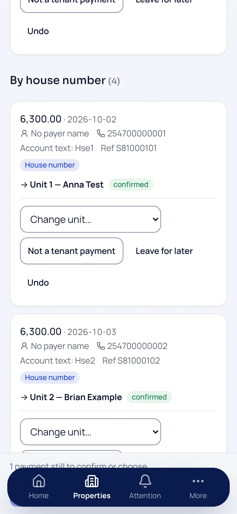 Sample workspace on a phone, review list with payments matched by house number.