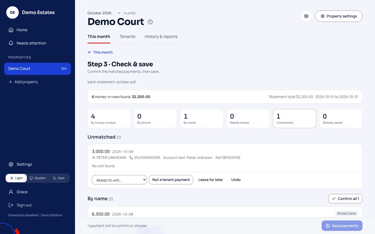 Sample workspace, Check and save screen after a bank statement upload: 6 money-in rows found, 32,200.00, the same as the statement total. Four matched by house number, one by name, one unmatched.
