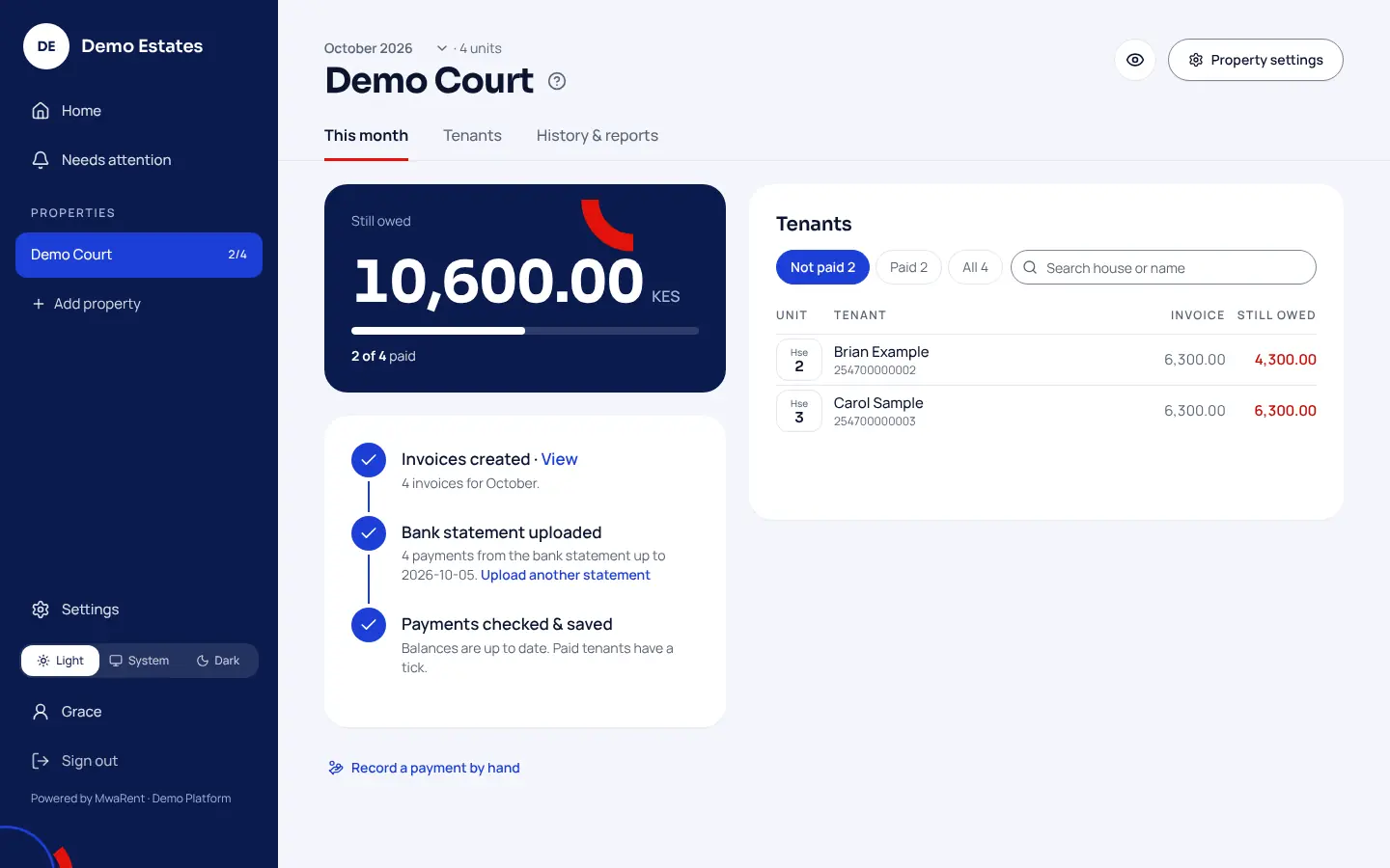 Sample workspace, This month screen: 10,600 still owed, 2 of 4 tenants paid, and the three steps of the month: invoices created, bank statement uploaded, payments checked and saved.